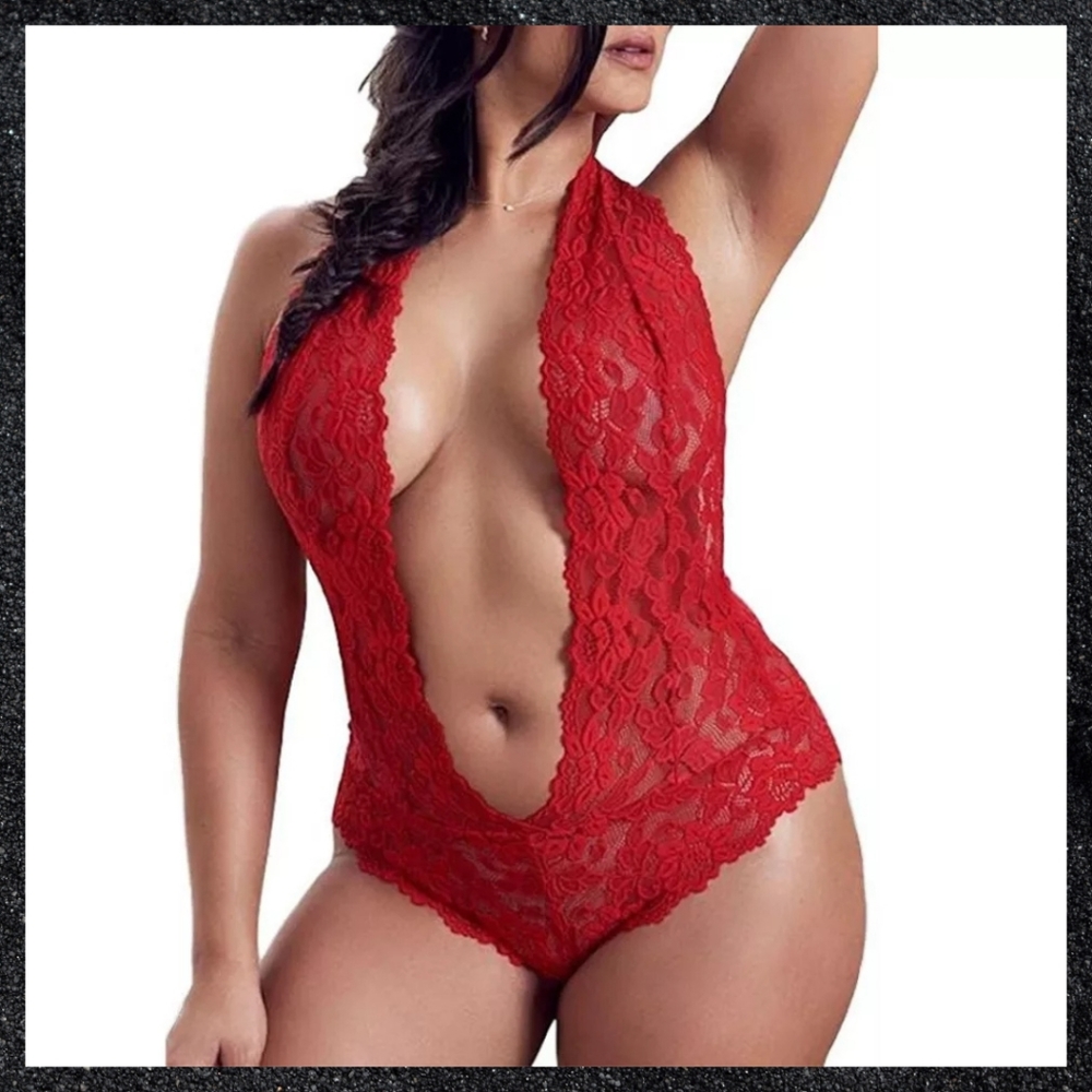 Red Sheer Lace Deep V-Front Cheeky Bodysuit